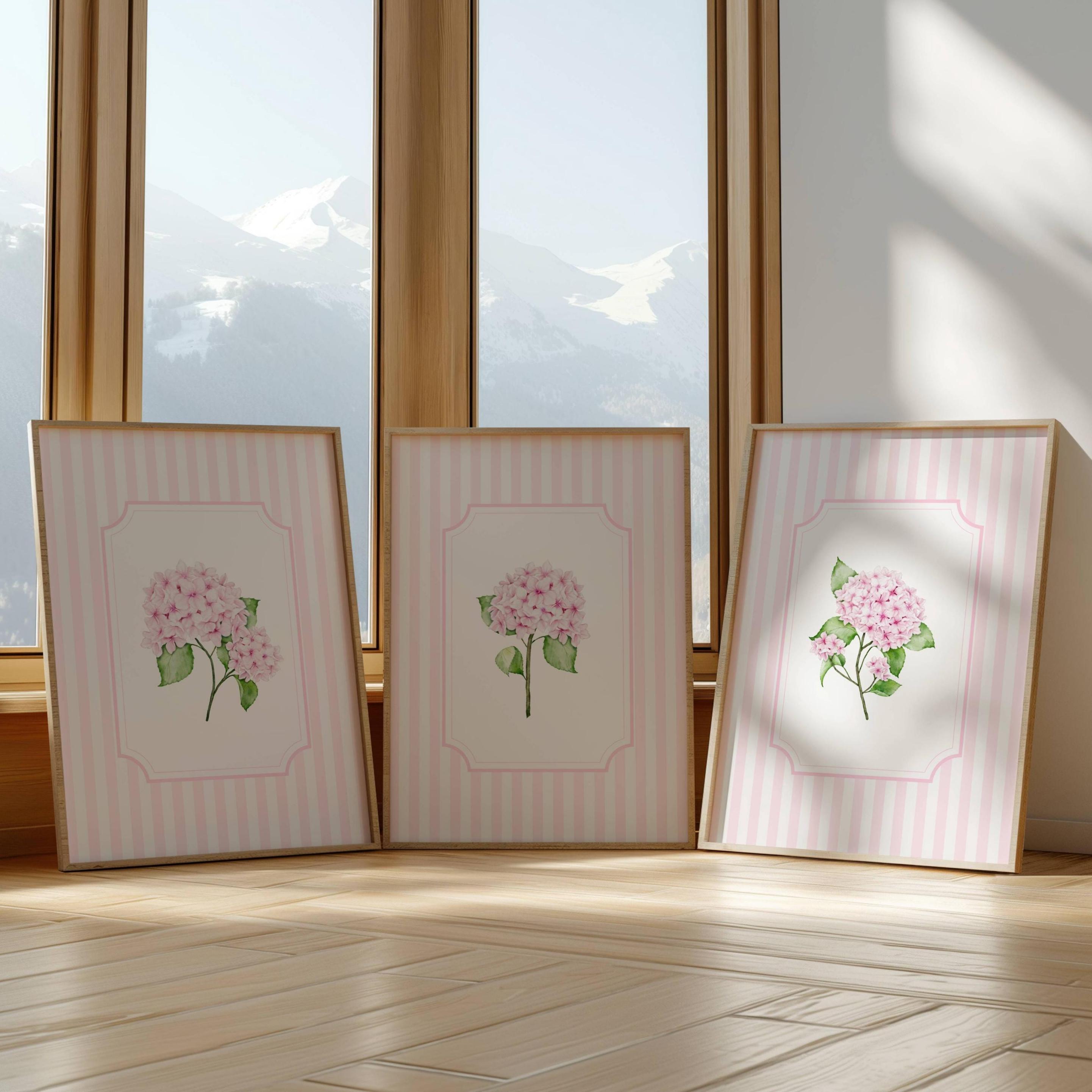 Pink Hydrangea Wall Art Striped Floral Prints Aesthetic Botanical ...