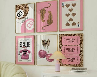 Trendy leopard wall art Pink fashion posters Set of 6 prints Dorm posters Cheetah print Pink funky art Aesthetic girly print Apartment decor