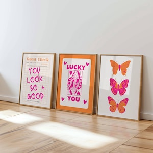 Pink orange wall art Trendy dorm decor Set of 3 Pink preppy posters Aesthetic college apartment wall art Girly prints Maximalist art