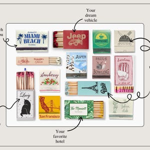 May include: A collection of matchboxes with various designs, including a Jeep, a strawberry, a cat, a hotel, a bowling alley, a restaurant, a vacation spot, and a beach. The matchboxes are arranged in a grid pattern on a white background.
