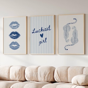 Trendy navy wall art Blue cheetah poster Dorm print Kiss lips wall art Set of 3 navy blue prints Aesthetic girly art College apartment decor