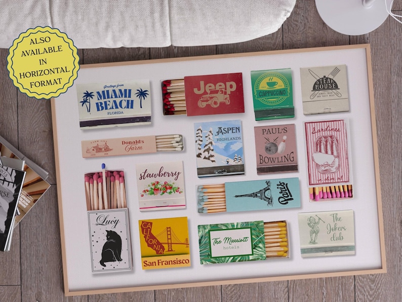 May include: A collection of 16 matchbox labels featuring various designs, including a Jeep, a cat, a bowling ball, a strawberry, a cityscape, and a palm tree. The labels are arranged in a grid pattern on a white background.