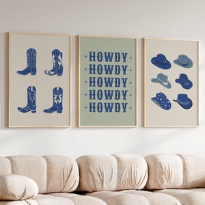 Blue coastal cowgirl print set of 3 Trendy western wall art Blue dorm prints Aesthetic decor Southwestern wall art Rodeo cowboy poster