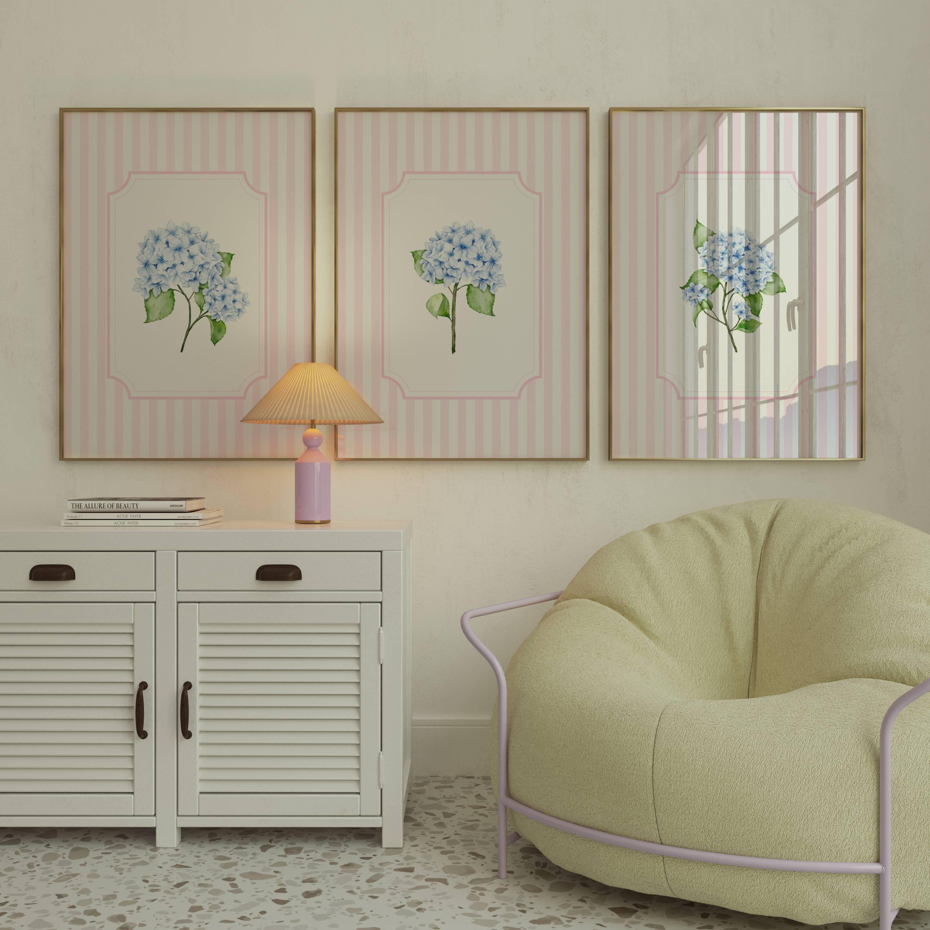 Trendy Pink and Blue Hydrangea Wall Art Striped Floral Prints Coastal ...