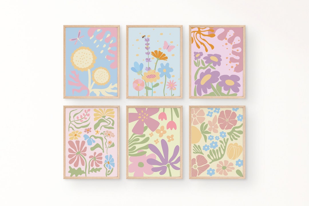Set of 6 Floral Prints, Pastel Gallery Wall, Boho Flower Print, Floral Wall Prints, Abstract