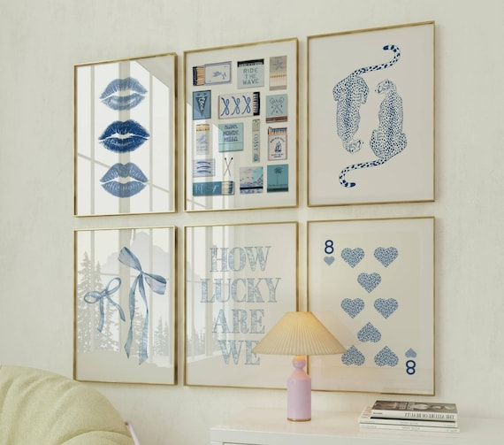 Navy blue prints Trendy leopard wall art Set of 6 coastal prints Matchbook art Coquette dorm posters Aesthetic girly prints Apartment decor