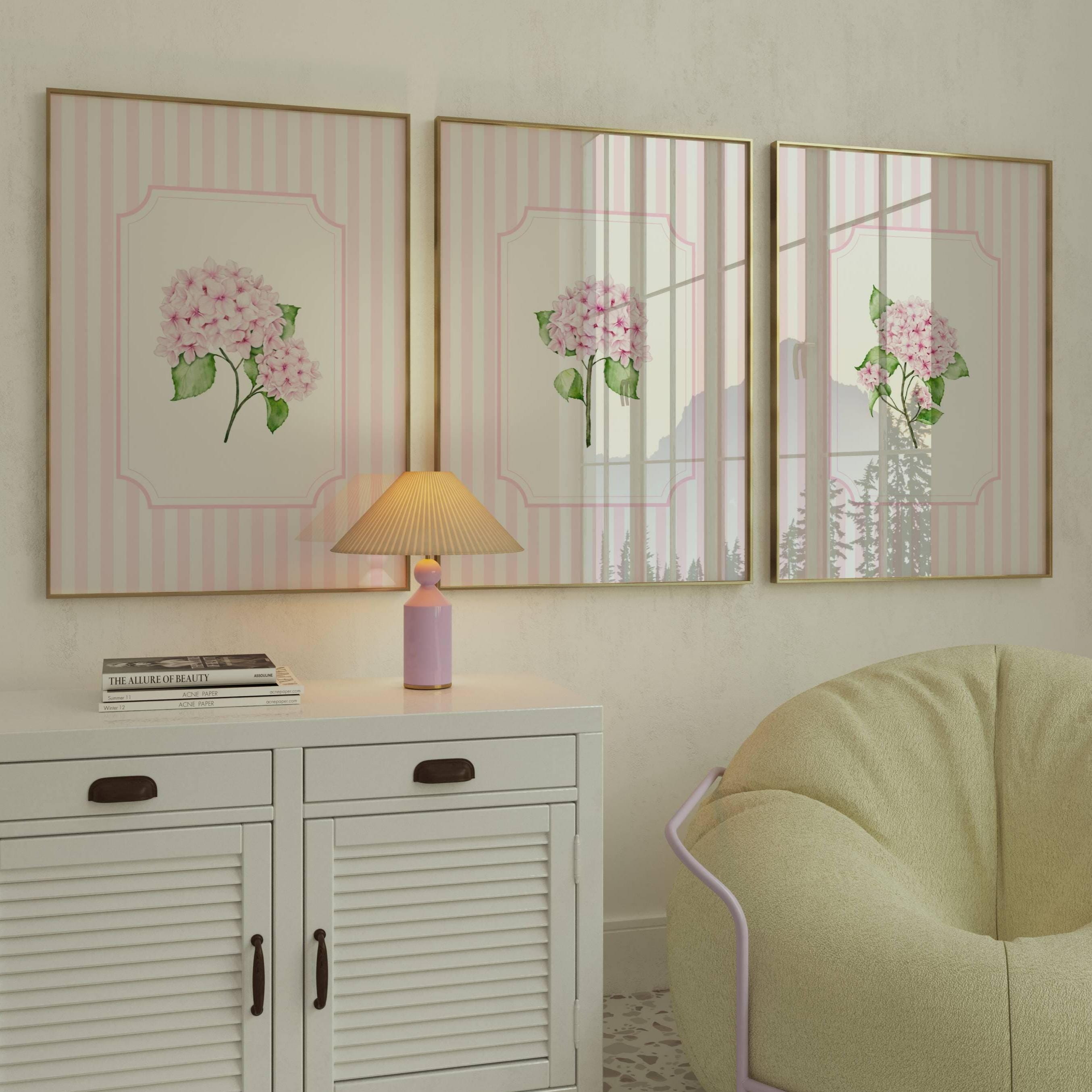 Pink Hydrangea Wall Art Striped Floral Prints Aesthetic Botanical ...