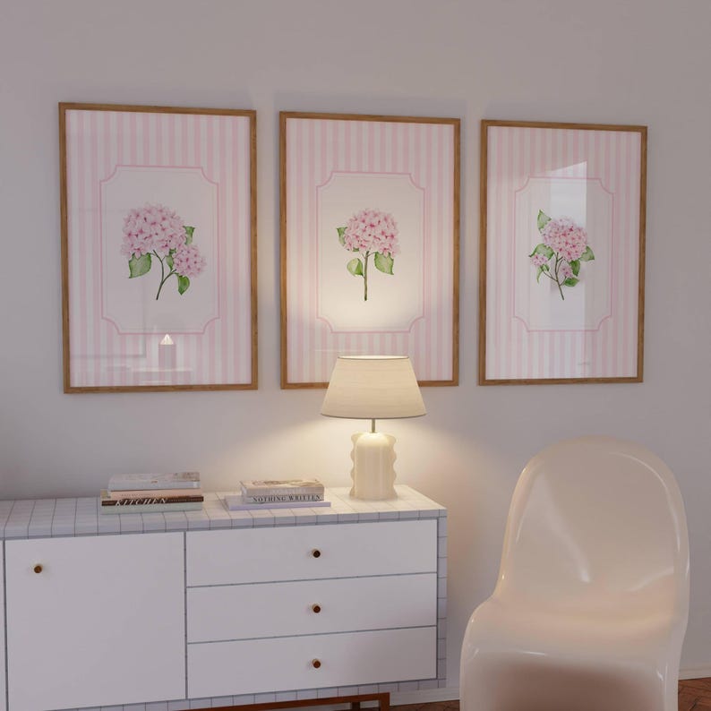 Pink Hydrangea Wall Art Striped Floral Prints Aesthetic Botanical ...