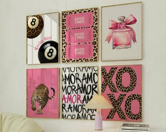 Różowa grafika ścienna z lampartem Plakaty modowe Modny nadruk z gepardem Różowe plakaty do akademika Estetyczne dziewczęce nadruki Wystrój mieszkania studenckiego Odlotowe wydruki artystyczne