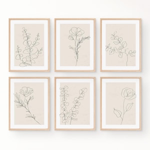 Arte lineal con flores, impresiones botánicas para pared, arte mural neutro, arte lineal botánico, decoración beige para el hogar, juego de 6 impresiones botánicas, arte lineal floral