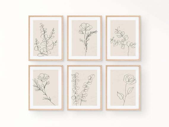 Flower Line Art, Botanical Wall Prints, Neutral Wall Art, Botanical Line Art, Beige Home Decor, Set of 6 Botanical Prints, Floral Line Art