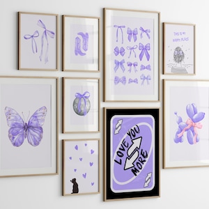 Purple trendy wall art, Coquette poster, Dorm wall print, Apartment decor, Aesthetic girly print, Purple posters, Set of 9 wall art prints