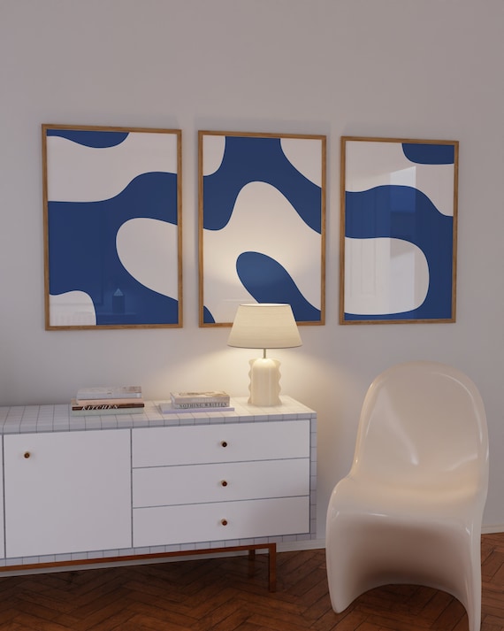 Navy Blue Wall Art Set of 3 Aesthetic room decor Blue Abstract Wall Art Trendy Blue Prints Modern Abstract Poster