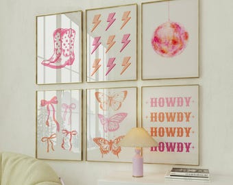 Pink Orange Cowgirl Wall Art Prints, Trendy Western Decor, College Dorm Posters (Digital Download)