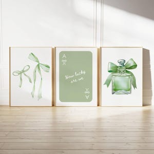 Sage green bows wall art Set of 3 coquette prints Trendy wall art Green dorm prints College apartment decor Aesthetic girly print