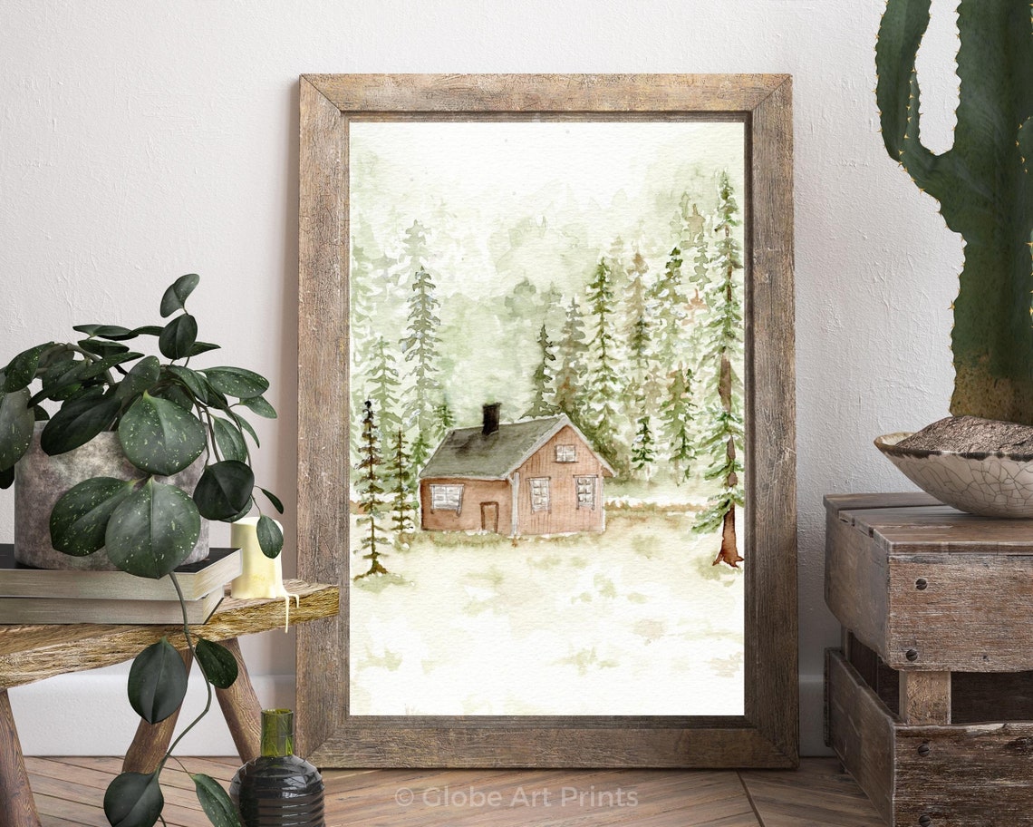 Cabin Art Print Watercolor Cabin Landscape Watercolor Print Etsy