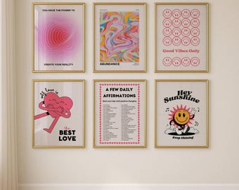 Roze retro muurdecoratieset, meisjesachtige kamerdecoratie, trendy posters