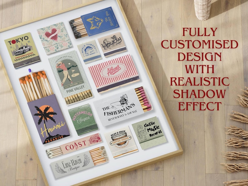 May include: A collection of matchboxes with various designs, including a palm tree, a fisherman, a coffee cup, and a music note. The matchboxes are arranged in a frame on a wooden surface. The text "FULLY CUSTOMISED DESIGN WITH REALISTIC SHADOW EFFECT" is written in red letters on a white background.