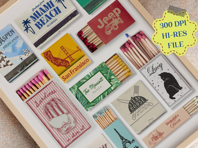 May include: A collection of matchboxes with various designs, including a red matchbox with the word "Jeep" in white letters, a blue matchbox with the words "Sardines in olive oil" in white letters, and a green matchbox with the words "The Marriott Hotels" in white letters.