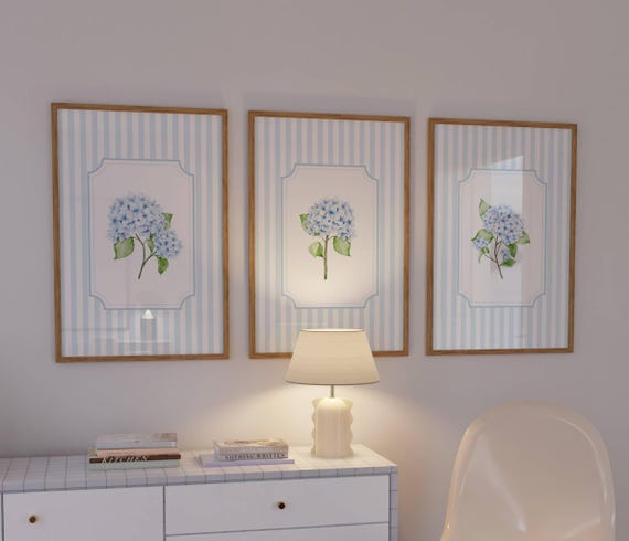 Blue hydrangea wall art Trendy floral prints Striped Pastel dorm art Aesthetic botanical Coastal granddaughter art Grandmillennial wall art