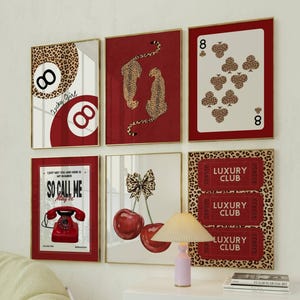 Gallery girly prints Red fashion wall art Set of 6 prints Trendy leopard print Dorm room posters Aesthetic decor Lucky poster Red funky art