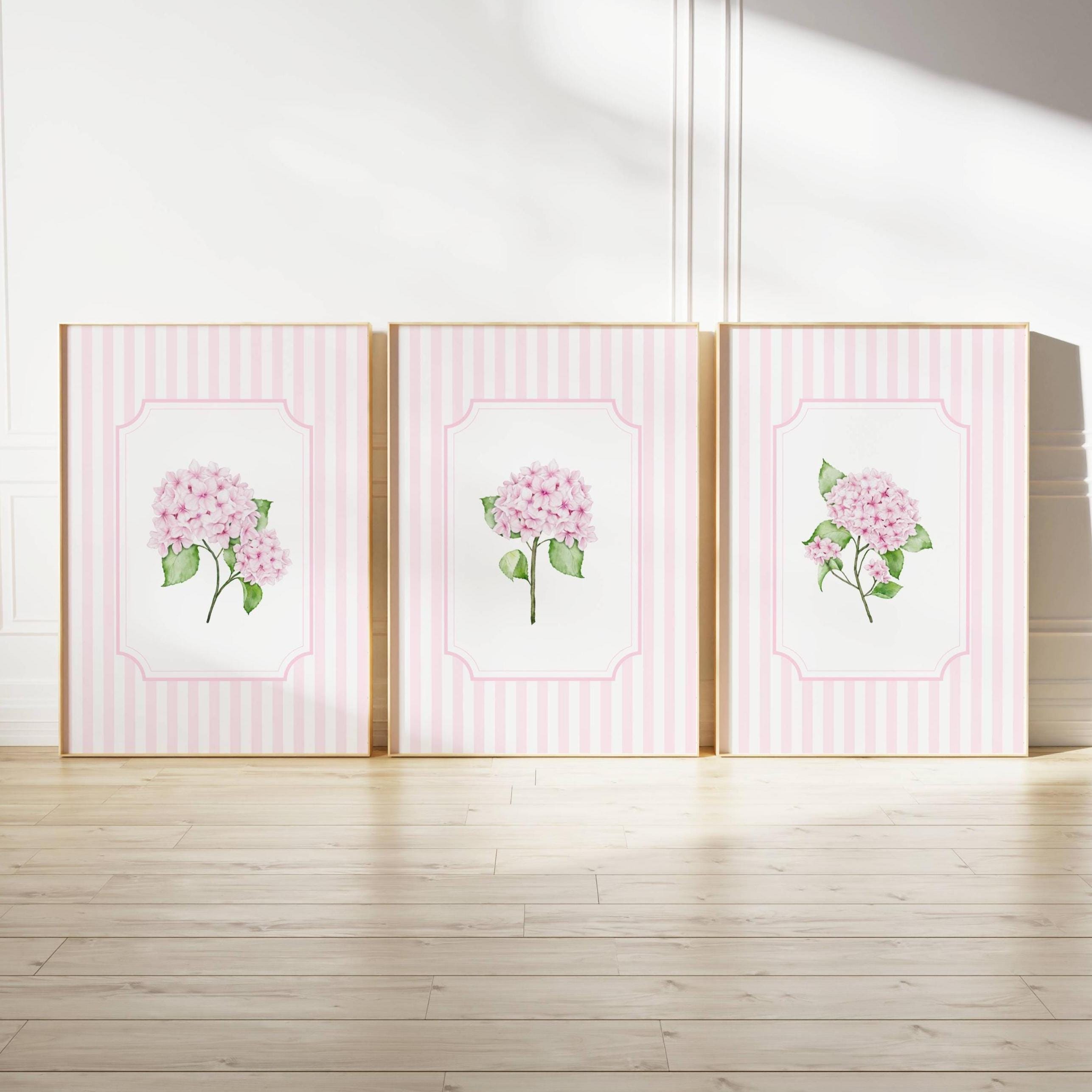 Pink Hydrangea Wall Art Striped Floral Prints Aesthetic Botanical ...