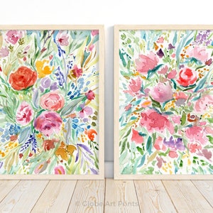 花の水彩画アートプリント、花の花束の絵画、花の壁アートのデジタルダウンロード、花のプリント 2 枚セット、植物の花のプリント