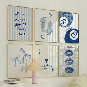 Trendy print set of 6 Navy wall art set Blue art print Preppy aesthetic Dorm room decor Bedroom digital prints Ace of hearts Printable art