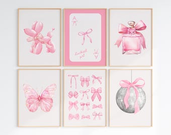 Pink bows wall art set of 6 preppy print college apartment decor watercolor bows print coquette room decor girly wall art trendy pink prints