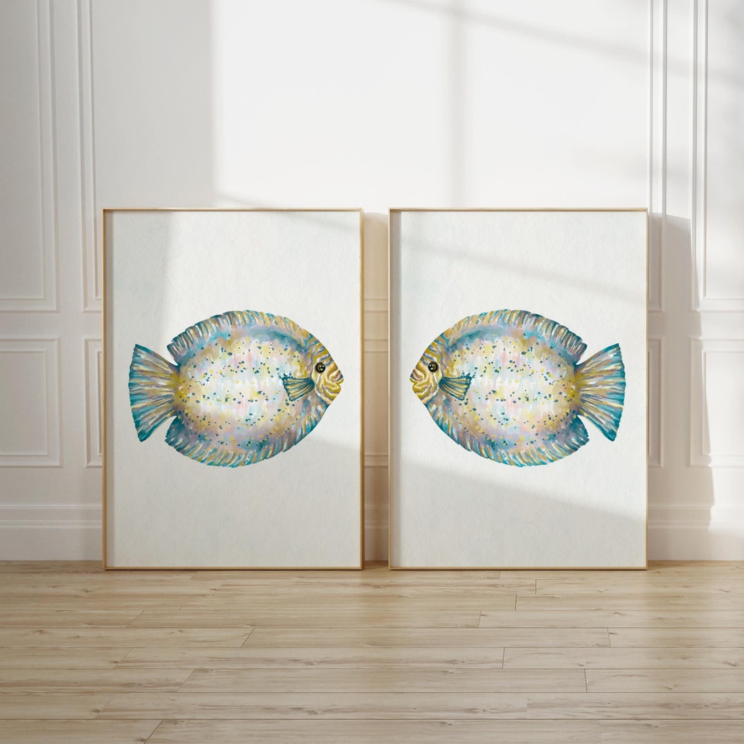 Watercolor Fish Prints 2 Piece Wall Art Abstract Discus Fish Beach ...