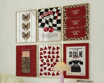Red leopard wall art Fashion poster set Trendy red cheetah print Dorm posters Aesthetic girly prints College apartment decor Funky art print