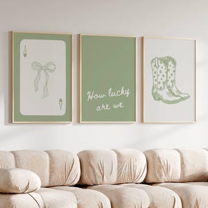 How lucky are we poster Sage green wall art Girly western wall decor Coquette cowgirl prints Dorm posters Trendy green wall art set of 3