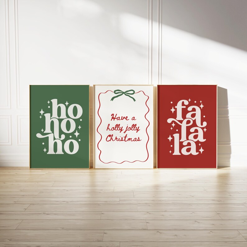 Trendy Christmas Wall Art Set of 3 Xmas Posters Red and Green Prints ...