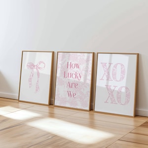 How lucky are we pink Trendy floral bow wall art Aesthetic Coquette Pink grandmillenial art Dorm decor College Apartment Chinoiserie prints