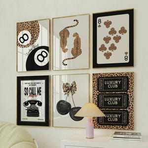 Gallery girly prints Black pool ball wall art Trendy leopard print Aesthetic dorm decor Lucky poster Apartment art Black and white posters