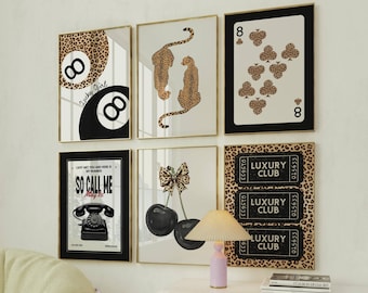 Gallery girly prints Black pool ball wall art Trendy leopard print Aesthetic dorm decor Lucky poster Apartment art Black and white posters