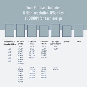 May include: A chart showing different standard sizes for prints, with measurements in inches and centimeters. The chart includes international standard sizes, 2:3 ratio, 3:4 ratio, 4:5 ratio, 5:7 ratio, 8x10, and 11x14.