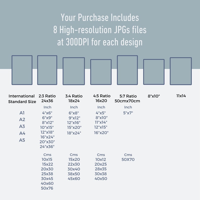 May include: A chart showing different standard sizes for prints, with measurements in inches and centimeters. The chart includes international standard sizes, 2:3 ratio, 3:4 ratio, 4:5 ratio, 5:7 ratio, 8x10, and 11x14.