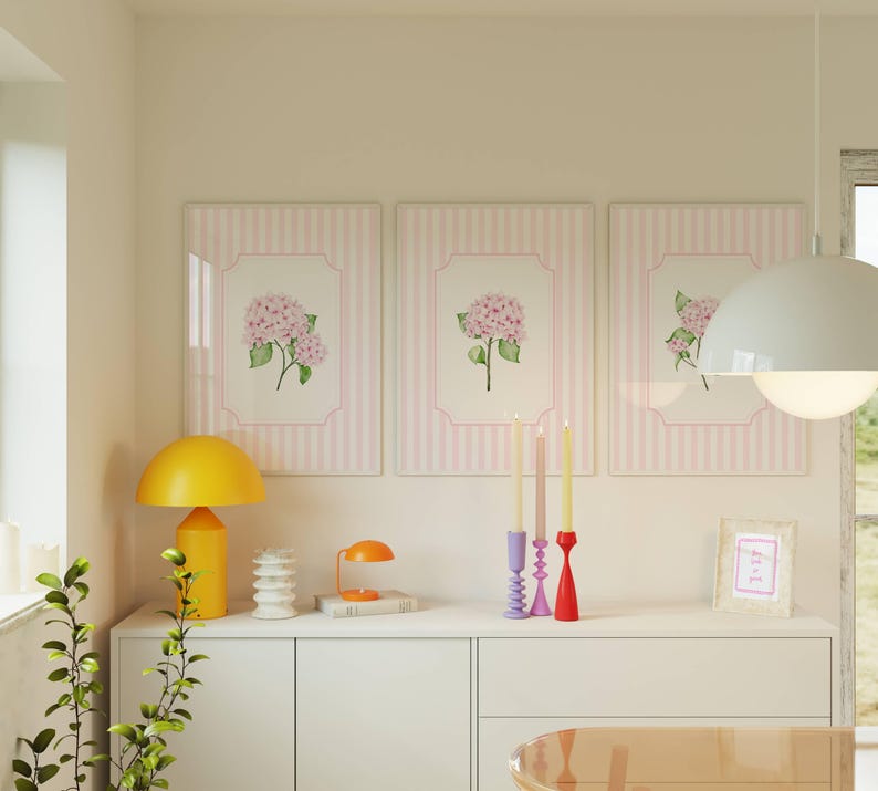 Pink Hydrangea Wall Art Striped Floral Prints Aesthetic Botanical ...
