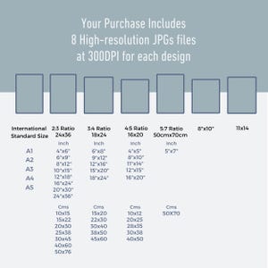 May include: An image with text detailing the sizes of printable art files. The text includes standard international sizes, ratios, and inch measurements for various print sizes, such as 8"x10" and 11"x14". The image also lists centimeter measurements.