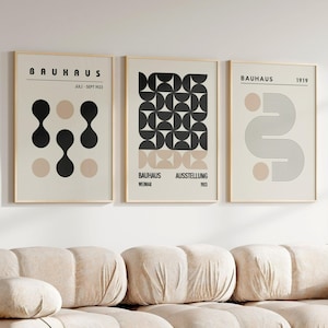 Bauhaus Set of 3 Poster Print, Minimalist Retro Wall Art, Bauhaus Exhibition Poster, Modern Mid Century Printable Art, Digital Download