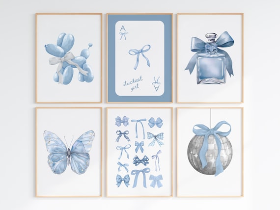 Coastal cowgirl bows print blue coquette wall art set of 6 college apartment decor trendy blue print room decor for teens printable wall art