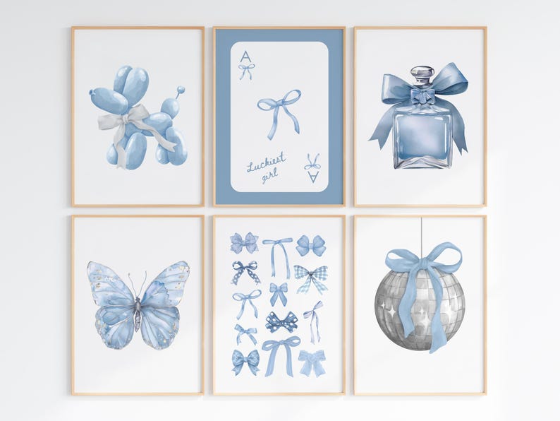May include: Set of six blue and white watercolor prints featuring a balloon animal, a playing card, a perfume bottle, a butterfly, a collection of bows, and a disco ball.