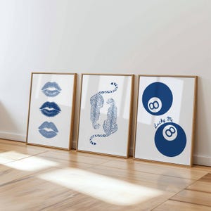 Trendy leopard prints Navy blue wall art Retro 8 ball poster Blue cheetah print Kiss poster Preppy aesthetic Dorm room decor Apartment art