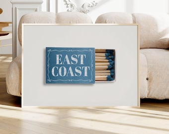 Coastal matchbox print East coast poster Blue horizontal wall art Beach dorm decor Aesthetic coastal print Retro matchbook wall art