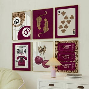 Trendy leopard wall art Dark red posters Fashion wall art Gallery girly prints Maroon funky art Set of 6 Dorm room prints Aesthetic decor