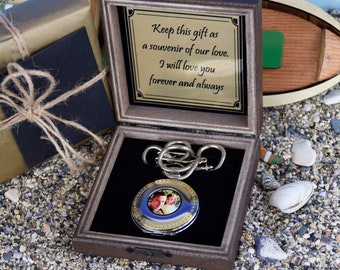 Personalized Pocket Watch with Double Sided Photo, Engraved Gift for Him, Anniversary, Wedding, and Valentine's Day Gift