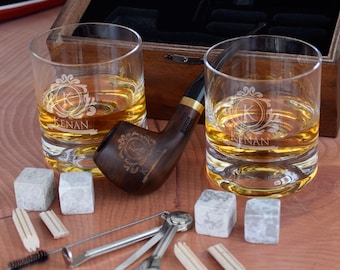 Custom Groomsmen Gift, Whiskey Glass and Pipe Set, Engraved Father's Day Gift from Daughter, Personalized Gift for Him, Grandpa Gift