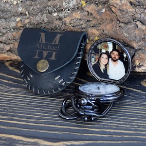 Personalized Custom Black  Pocket Watch with Photo and Case, Engraved Valentine's Day Gift Idea, Gift for Him, Anniversary Gift Wedding Gift