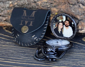 Reloj de bolsillo negro personalizado personalizado con foto y estuche, idea de regalo grabada para el día de San Valentín, regalo para él, regalo de boda de aniversario